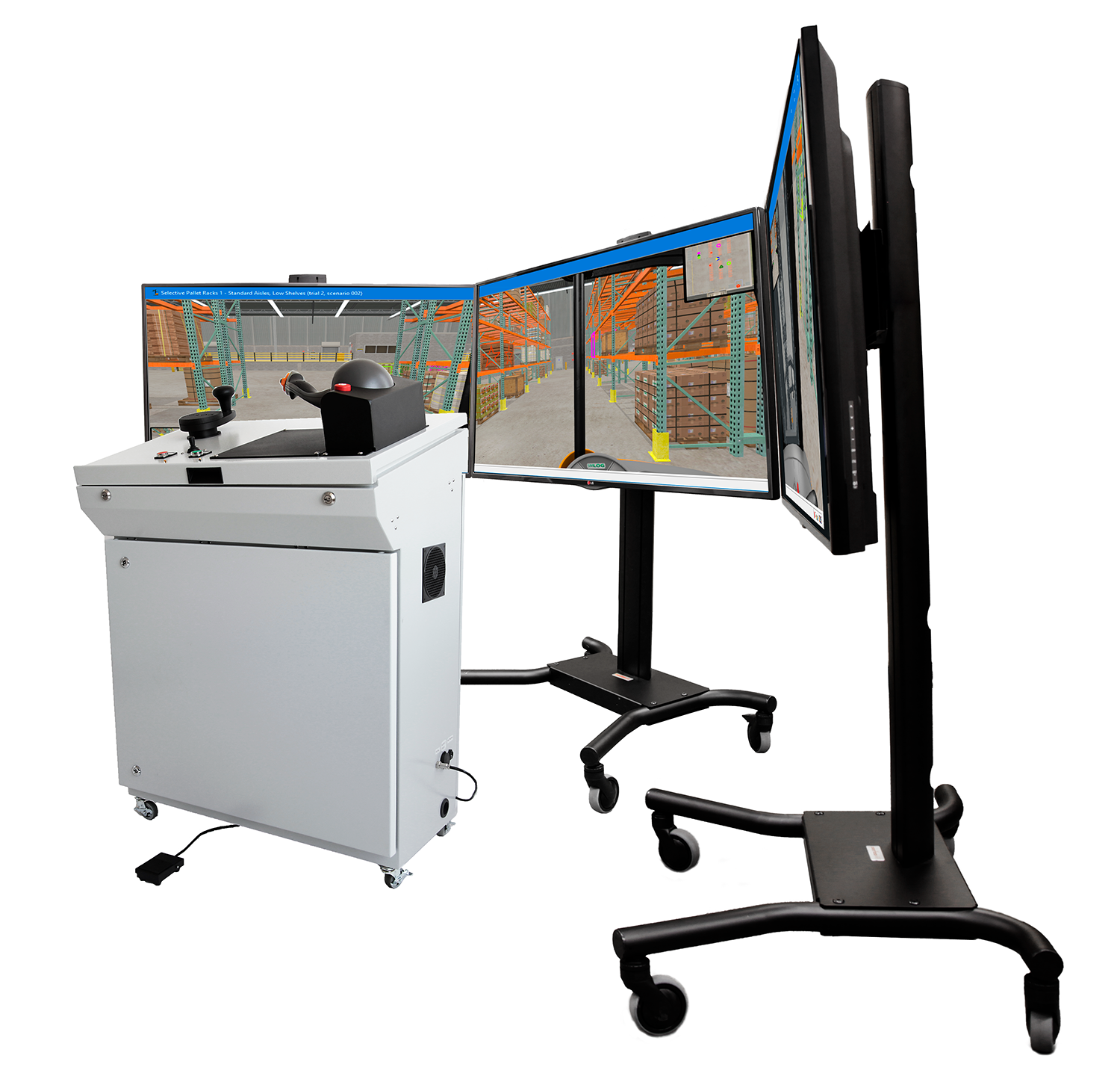 Reach Lift Truck Personal Simulator Industrial Controls - C - with Three Displays in Landscape Mode Simlog Reach Lift Truck Simulator showing three-screen side stance view
