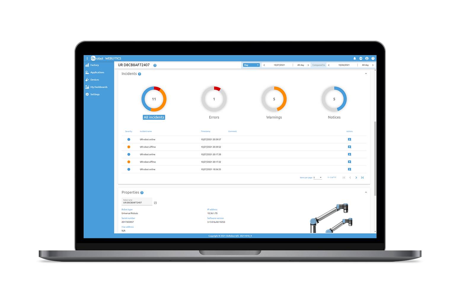 Weblytics Screenshot | Robots Production Monitoring Software for Universal Cobots