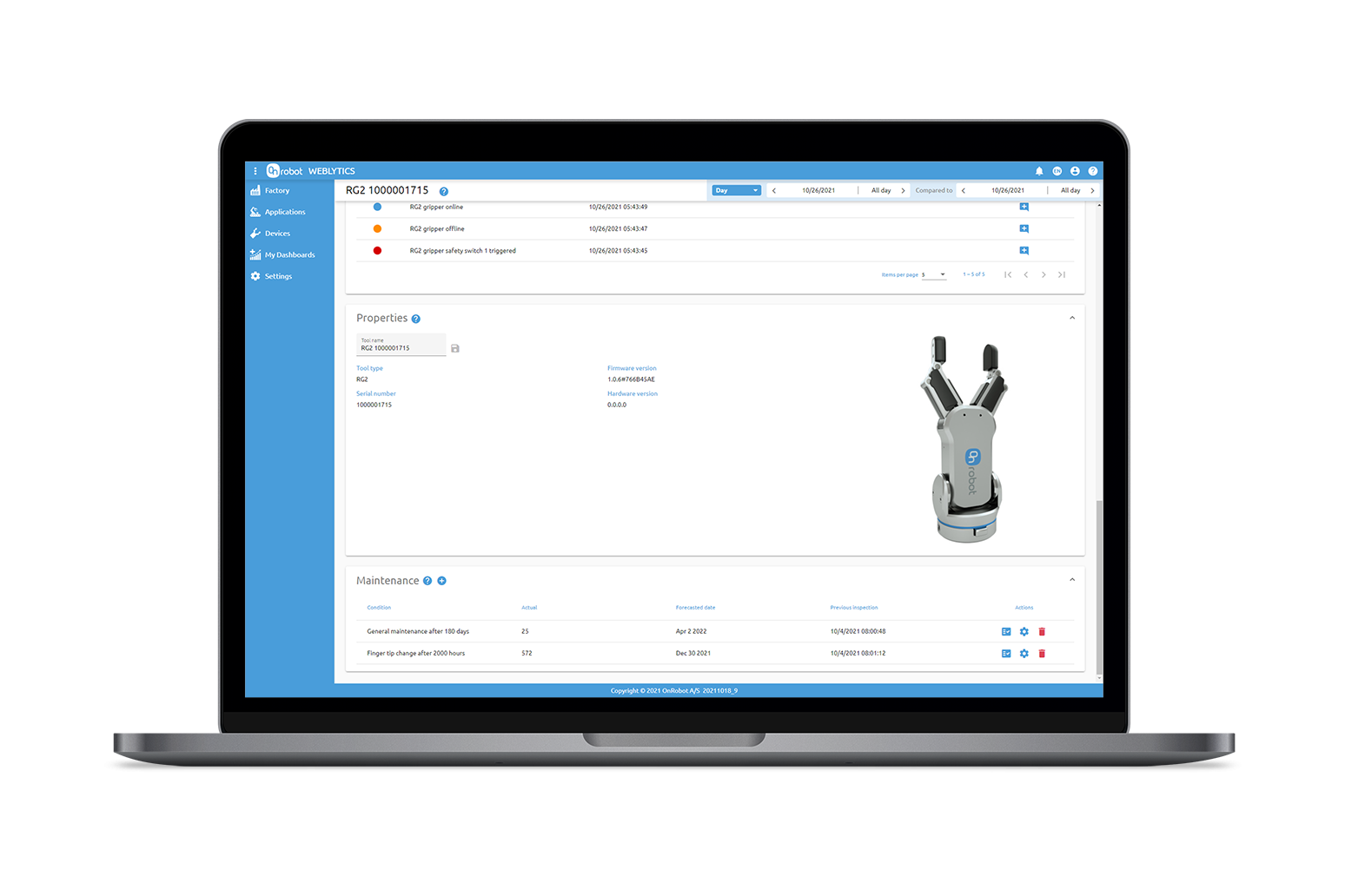 Weblytics Screenshot | Devices Production Monitoring Software for Universal Cobots